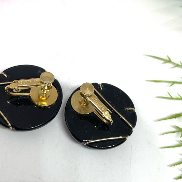 VINTAGE⚜️RARE NAPIER Black & Gold Abstract Clip Earrings - Picture 9 of 9